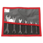 Set of six Facom open-end wrenches in a grey and red tool roll, ideal for professional mechanics and DIY enthusiasts.