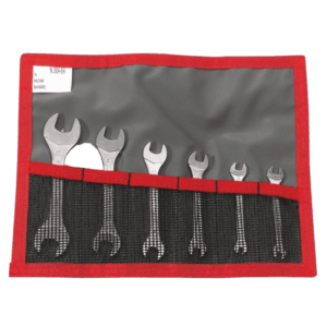 Set of six Facom open-end wrenches in a grey and red tool roll, ideal for professional mechanics and DIY enthusiasts.