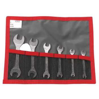 Set of six Facom open-end wrenches in a grey and red tool roll, ideal for professional mechanics and DIY enthusiasts.