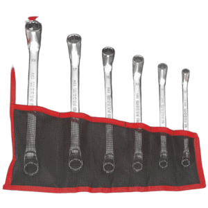 Set of seven Facom nylon roll open-end wrenches with sizes 19, 17, 15, 13, 11, 10, and 8, stored in a black and red roll-up tool organiser.