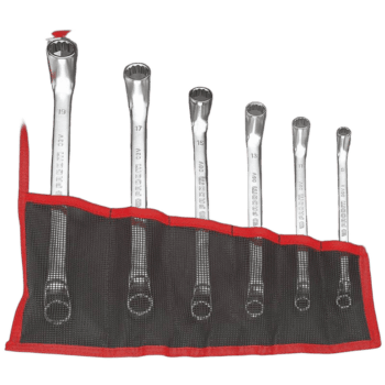 Set of seven Facom nylon roll open-end wrenches with sizes 19, 17, 15, 13, 11, 10, and 8, stored in a black and red roll-up tool organiser.