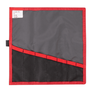 Grand Prix Racewear tool roll with multiple compartments, grey and black fabric, red border, ideal for racing tools and accessories.