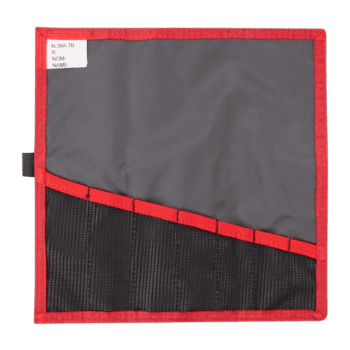Grand Prix Racewear tool roll with multiple compartments, grey and black fabric, red border, ideal for racing tools and accessories.