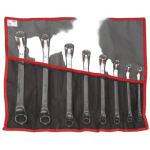 Set of Facom nylon roll with 8 compartments containing chrome socket wrenches of various sizes.