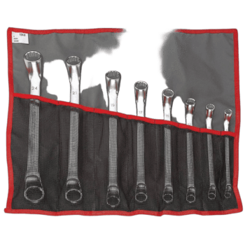 Set of Facom nylon roll with 8 compartments containing chrome socket wrenches of various sizes.