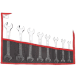 Set of seven Facom open-end wrenches in a red and black tool roll, sizes 24 to 8, used for automotive and mechanical repairs.