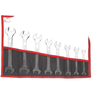 Set of seven Facom open-end wrenches in a red and black tool roll, sizes 24 to 8, used for automotive and mechanical repairs.