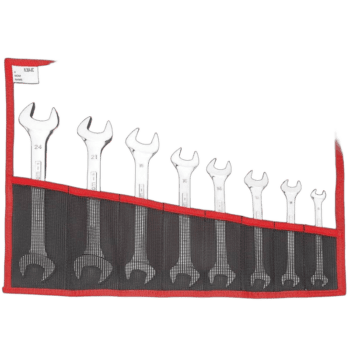 Set of seven Facom open-end wrenches in a red and black tool roll, sizes 24 to 8, used for automotive and mechanical repairs.