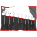 Set of nine Facom nylon roll open-end wrenches in a black and red tool roll, ideal for automotive and mechanical work.