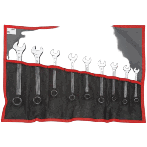 Set of nine Facom nylon roll open-end wrenches in a black and red tool roll, ideal for automotive and mechanical work.