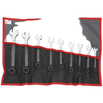 Set of nine Facom nylon roll open-end wrenches in a black and red tool roll, ideal for automotive and mechanical work.