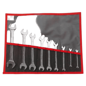 Set of Facom open-end wrenches in a red and black roll-up tool organiser, ideal for professional mechanics and DIY enthusiasts.