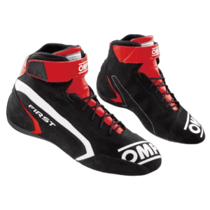 High-performance OMP racing shoes in black and red with white accents, designed for motorsport drivers for optimal grip and comfort.