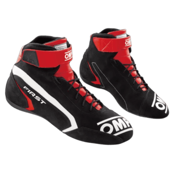 High-performance OMP racing shoes in black and red with white accents, designed for motorsport drivers for optimal grip and comfort.