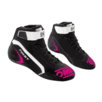 Black and pink OMP racing shoes with high ankle support and laces, designed for motorsport drivers, featuring branding and durable construction.