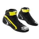 Black and yellow OMP racing shoes with high ankle support for motorsport safety and performance.