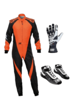 Grand Prix Racewear racing suit with gloves and shoes, designed for motorsport enthusiasts, featuring orange and black colours for high visibility and safety.