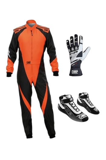 Grand Prix Racewear racing suit with gloves and shoes, designed for motorsport enthusiasts, featuring orange and black colours for high visibility and safety.