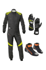 Grand Prix Racewear racing suit, gloves, and shoes for motorsport safety and performance, featuring black with yellow and orange accents.