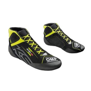 High-performance racing shoes from Grand Prix Racewear, designed for motorsport enthusiasts, featuring durable materials and a sleek black and yellow design.