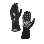 Black racing gloves with white and grey accents from Grand Prix Racewear, designed for motorsport safety and performance.