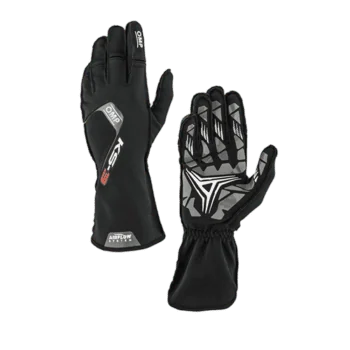 Black racing gloves with white and grey accents from Grand Prix Racewear, designed for motorsport safety and performance.