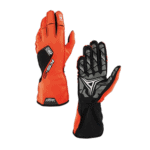 Grand Prix Racewear racing gloves in orange and black with protective features for motorsport enthusiasts.