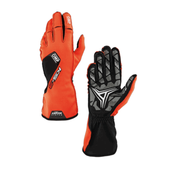 Grand Prix Racewear racing gloves in orange and black with protective features for motorsport enthusiasts.