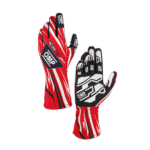 OMP KS-4 Art Kart Junior racing gloves in red, black, and white with protective padding and grip details for kart racing.