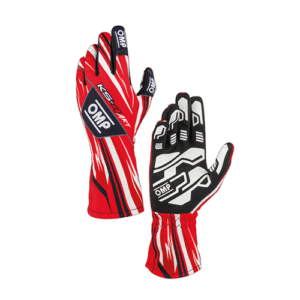 OMP KS-4 Art Kart Junior racing gloves in red, black, and white with protective padding and grip details for kart racing.