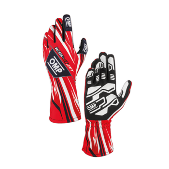 OMP KS-4 Art Kart Junior racing gloves in red, black, and white with protective padding and grip details for kart racing.