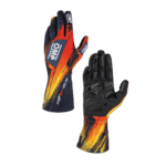 OMPO Grand Prix Racewear racing gloves with vibrant red, yellow, and black design for motorsport enthusiasts.