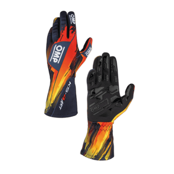 OMPO Grand Prix Racewear racing gloves with vibrant red, yellow, and black design for motorsport enthusiasts.