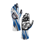 High-performance OMP racing gloves with blue, white, and black design, ideal for motorsport enthusiasts and professional racers.
