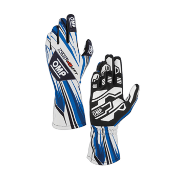 High-performance OMP racing gloves with blue, white, and black design, ideal for motorsport enthusiasts and professional racers.