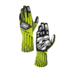 High-performance OMP racing gloves in neon yellow and black with white accents, designed for motorsport safety and grip.