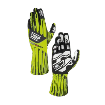 High-performance OMP racing gloves in neon yellow and black with white accents, designed for motorsport safety and grip.