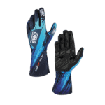 OMR racing gloves in blue and black with protective padding, designed for motorsport enthusiasts and professional racers.