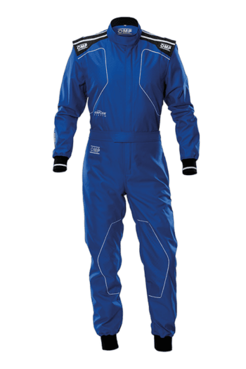 Grand Prix Racewear OMP KS-4 Kart Suit in vibrant blue with black accents, designed for kart racing safety and performance.