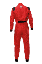 Red Grand Prix racing suit with OMP logo, designed for motorsport safety and performance.
