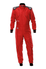 Grand Prix Racewear racing suit in red with black and white branding, designed for motorsport safety and performance.