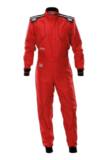 Grand Prix Racewear racing suit in red with black and white branding, designed for motorsport safety and performance.