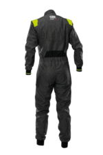 Grand Prix Racewear racing suit in black with yellow accents, designed for motorsport safety and performance.