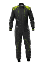 Grand Prix Racewear racing suit in black with neon yellow accents, designed for motorsport drivers, featuring OMP branding and high-performance materials.
