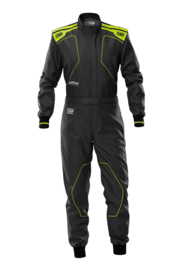 Grand Prix Racewear racing suit in black with neon yellow accents, designed for motorsport drivers, featuring OMP branding and high-performance materials.