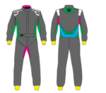 Grand Prix Racewear racing suit designed for motorsport drivers, featuring vibrant colours and branding for high visibility and safety.