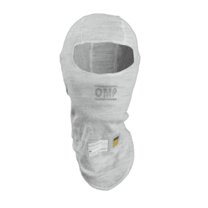 Omp racing balaclava in white designed for motorsport safety and comfort, suitable for racewear enthusiasts.