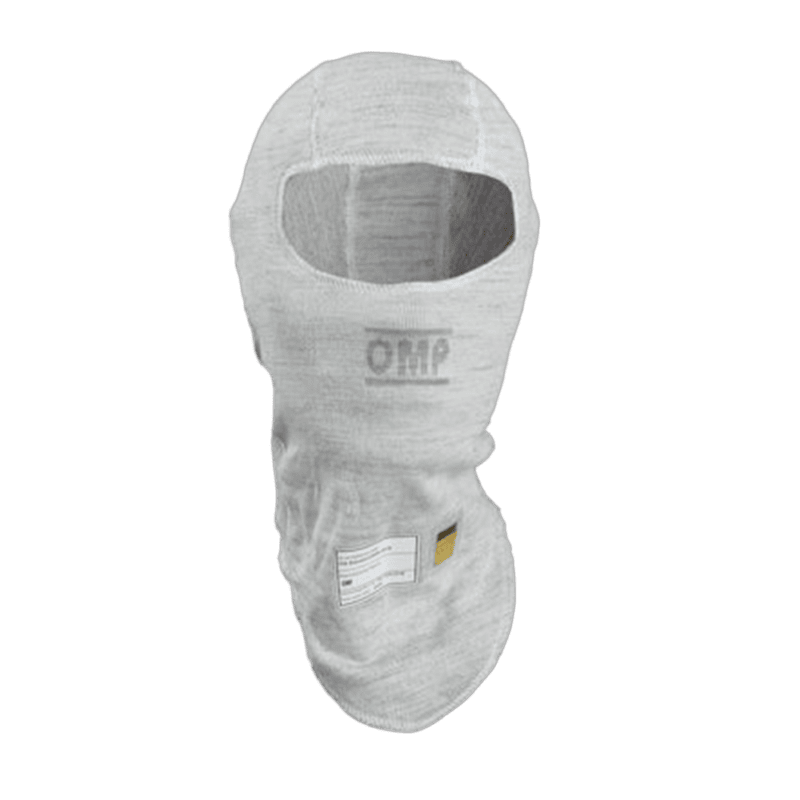 Omp racing balaclava in white designed for motorsport safety and comfort, suitable for racewear enthusiasts.