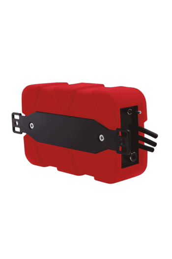 Red Grand Prix Racewear safety fuel cell with black mounting bracket for motorsport applications.