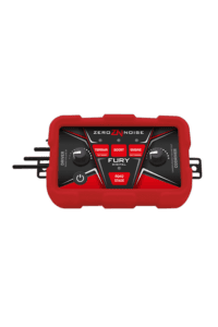 ZeroNoise Fury digital amplifier for motorcycle racing with control knobs and display in a red protective case.